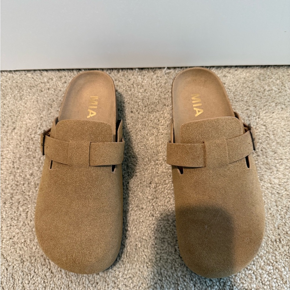 MIA Tan Suede Slip-On Clogs